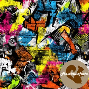 Op de afbeelding: Abstract graffiti-kunstpatroon in een levendige mix van kleuren. Het ontwerp bevat spatverf-effecten in tinten geel, roze, oranje, blauw en zwart. De afbeelding bevat een halftone stippenpatroon en de tekst "Haselnussfuchs" met een eekhoornlogo.