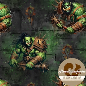 Op de afbeelding: Een digitaal geïllustreerd patroon met gespierde groene orks met stekelige bepantsering en wapens. De orks staan tegen een donkere, getextureerde achtergrond met groene accenten en een symbool. De afbeelding heeft een fantasiethema.
