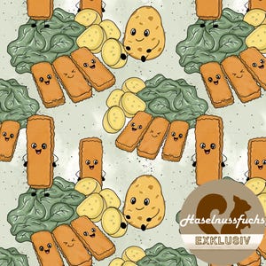 Könnte beinhalten: Ein wiederkehrendes Muster mit Cartoon-Fischstäbchen, Kartoffelscheiben und grünem Blattgemüse mit lächelnden Gesichtern. Ein rundes braunes Logo zeigt eine Eichhörnchen-Silhouette und den Text Haselnussfuchs EXKLUSIV.
