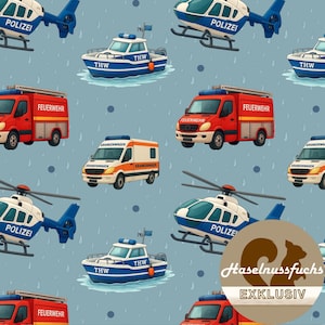 Może przedstawiać: Powtarzający się wzór pojazdów i samolotów służb ratowniczych. Projekt obejmuje czerwone wozy strażackie, biało-pomarańczowe karetki, niebiesko-białe helikoptery policyjne oraz niebiesko-białe łodzie ratunkowe.