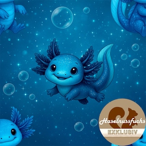 Könnte beinhalten: Eine digitale Illustration eines niedlichen blauen Axolotls mit großen Augen und federartigen Kiemen, das in einem sternenübersäten, blasenreichen blauen Raum schwimmt. Das Axolotl hat einen fröhlichen Gesichtsausdruck. Das Bild hat einen skurrilen, cartoonartigen Stil.
