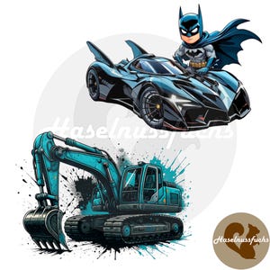 Könnte beinhalten: Illustration eines türkisblauen Baggers mit schwarzen Akzenten und eines Batman-Autos mit einer Batman-Figur. Der Bagger ist vor einem Hintergrund aus türkisfarbenen Farbspritzern platziert. Das Auto ist schwarz und blau.