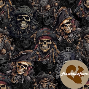 Op de afbeelding: Een herhalend patroon van piratenschedels met hoeden en bandana's. De schedels hebben gedetailleerde kenmerken en staan tegen een donkere achtergrond. Het ontwerp heeft een vintage, licht verweerde uitstraling, met piraten-thema's.