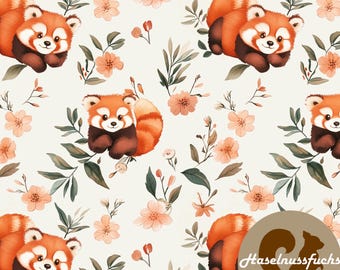 0499 Kinderstof "Rode panda met bloemen" Eigen productie French Terry Jersey Mousseline Katoen Softshell Canvas Panama Minky Lycra Sat