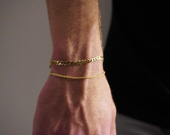 14k Gold Plated Bracelet Stack, Real 14k Gold Vermeil Over Sterling Silver 4mm Flat Cuban Link & 2mm Diamond Cut Rope Bracelet Set In 7”-8”