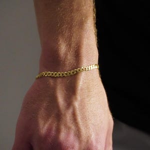 14k Gold Plated Bracelet, Real 14k Gold Vermeil Over Sterling Silver Flat Cuban Link Bracelet, 4mm in 7”-8”, Made In Italy, For Men & Women