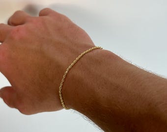 14k Gold Plated Bracelet, Real 14k Gold Vermeil Over Sterling Silver Diamond Cut Rope Bracelet, 2mm in 7”-8”, Made In Italy, For Men & Women