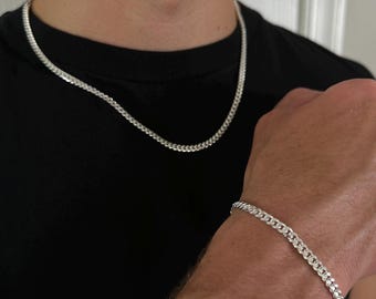 Heavy Chain And Bracelet Set, Real Solid .925 Sterling Silver Miami Cuban Link Chain And Bracelet Set In 4mm, Beautiful Chain Set, 925 Italy