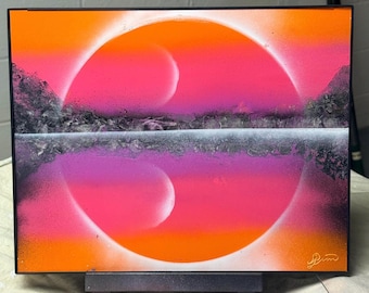 Vibrant Sunset Reflection Spray Paint Art – Abstract Landscape Painting
