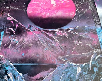 11x14 Spray Paint Art: Pink Moonscape Landscape Painting