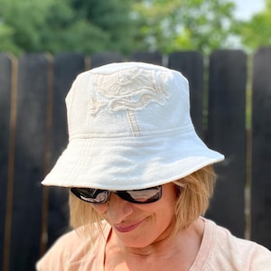 Reversible Unisex Bucket Hat Handmade from Upcycled Fabric | Off White Embroidered Denim and Soft Floral Print