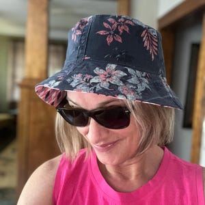 Reversible Unisex Bucket Hat Handmade from Upcycled Fabric | Navy Blue Floral Denim and Geometric Cotton Print