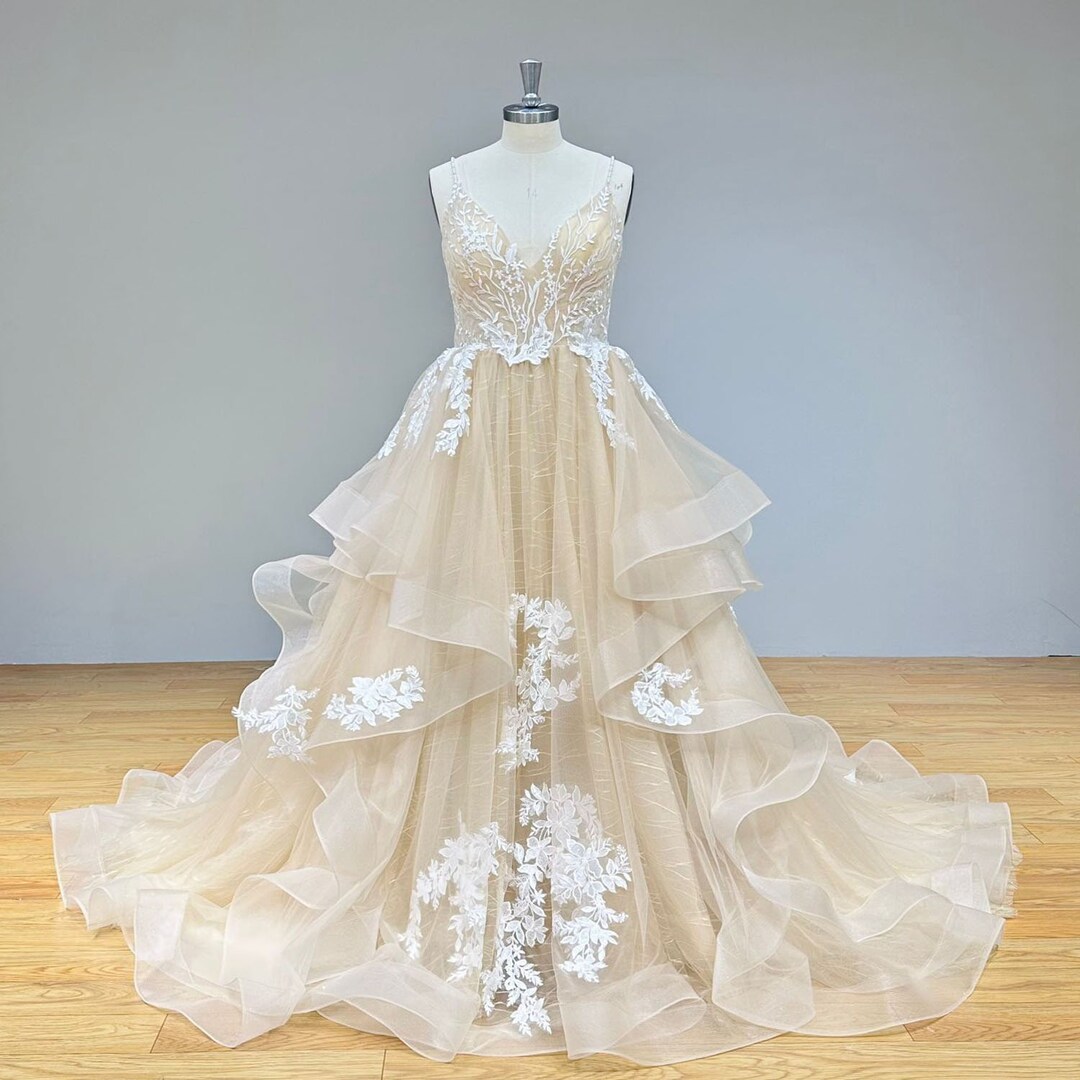 Champagne Floral Wedding Dress Lace Beach Wedding Dress/ruffles Bridal ...