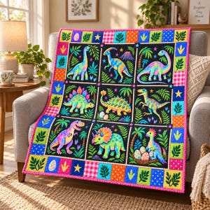 May include: A colorful quilt featuring a grid of nine panels, each displaying a different dinosaur in vibrant shades of blue, green, pink, and yellow against a black background, surrounded by a border of patterned squares in bright colors.