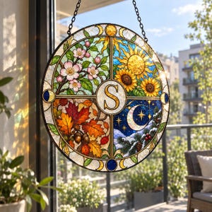 May include: A circular stained glass suncatcher featuring four quadrants representing the seasons: pink cherry blossoms for spring, yellow sunflowers for summer, orange autumn leaves with acorns for fall, and a crescent moon with pine for winter.