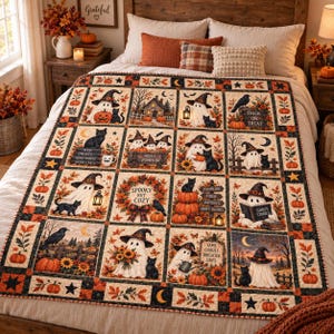 May include: A quilted throw blanket featuring a grid of Halloween-themed illustrations including ghosts wearing hats, black cats, pumpkins, sunflowers, and autumn leaves. The quilt displays text such as Spooky But Cozy, Trick or Treat, and Same Ghouls Brighter Days.