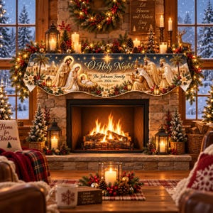 May include: A decorative fireplace mantel banner featuring a nativity scene with the text O Holy Night, The Johnson Family, and 2026. The banner is adorned with illustrations of palm trees, stars, and figures, set against a stone fireplace backdrop.