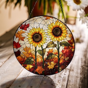 Sunflower Glass Suncatcher – Handmade Fall Window Hanging with Autumn Leaves, Vibrant Glass Art Decor