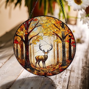 Deer in Autumn Forest Glass Suncatcher – Woodland Wildlife Window Art, Rustic Cabin Decor, Fall Nature Gift