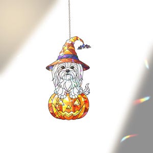 Holographic Maltese Puppy Suncatcher: Halloween Dog on Pumpkin