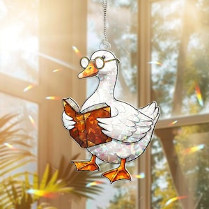 Bookish Duck Acrylic Window Hanging – Cute Nerdy Duck Reading Book Suncatcher for Book Lovers, Library, Teacher, or Study Decor