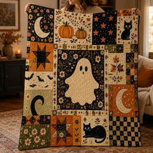 May include: A rectangular quilt featuring a central white ghost surrounded by floral patterns. The design includes blocks with orange pumpkins, black cats, crescent moons, stars, bats, and autumn leaves in a colour palette of black, orange, and cream.