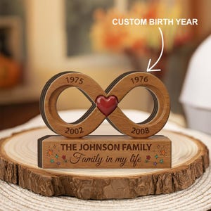 Puede incluir: Un símbolo de infinito de madera con los años 1975, 1976, 2002 y 2008 grabados, y un corazón rojo en el centro. La base dice "THE JOHNSON FAMILY" y "Family in my life".