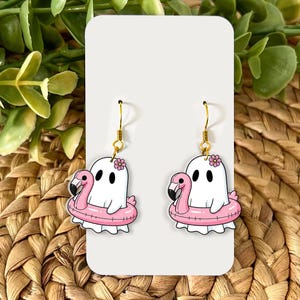 Pool Party Ghost Earrings, Flamingo Float Ghost Jewelry, Summer Spooky Dangles, Cute Ghost Gift, Vacation Theme Earrings, Beach Ghost