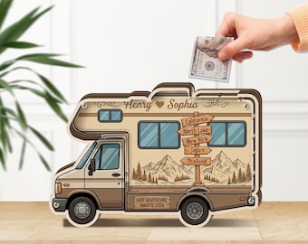 Cofrinho personalizado para viagem de motorhome: Cofrinho de madeira para lua de mel de casal.