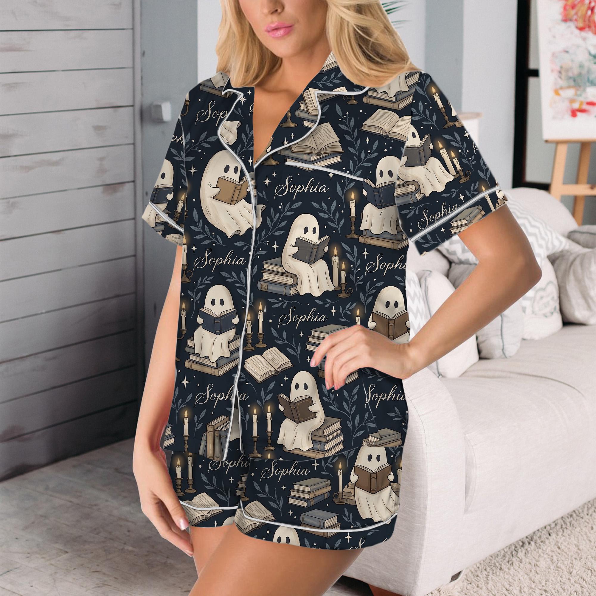 Personalized Ghost Reading Satin Pajama Set: Custom Name Book Lover Sleepwear
