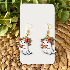 Cute Ghost Watermelon Earrings, Summer Halloween Earrings, Spooky Season Jewelry, Funny Fruit Dangle Earrings, Kawaii Gift for Her
