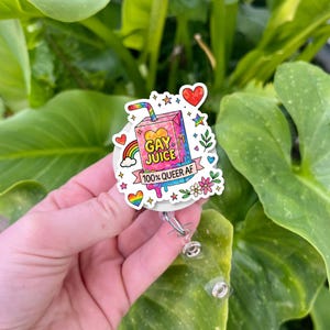 Pride Month Badge Reel – Funny Gay Juice LGBTQ ID Holder – Queer Nurse Gift – Rainbow Clip for Work – 100% Queer AF Badge Accessory