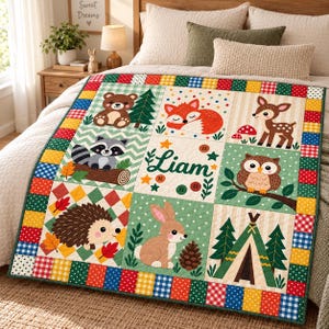 Personalized Woodland Quilt Blanket Custom Name Forest Animal Throw Bedspread