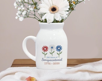 USA Semiquincentennial Ceramic Vase: Red White Blue Floral 250 Years Pottery Jar