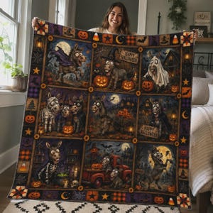 May include: A rectangular quilt featuring a grid of nine panels depicting cartoon donkeys in various Halloween costumes, including a ghost, mummy, and vampire. The border displays pumpkins, stars, and bats. Text reads Happy Halloween.