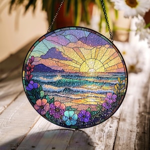 Summer Ocean Sunset Glass Suncatcher – Vibrant Stained Glass Style Beach Window Hanging with Flowers, Coastal Decor Gift Idea