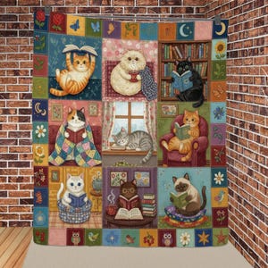 May include: A colorful patchwork quilt featuring various cats engaged in reading. The cats are depicted in different poses, some holding books, others curled up with blankets or enjoying a warm drink. The quilt has a whimsical, illustrated style with floral and celestial accents.
