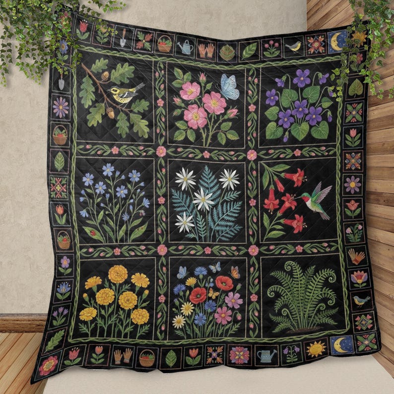 Soft Quilt Blanket: Folk Art Garden Print, Black Botanical Bedding ...