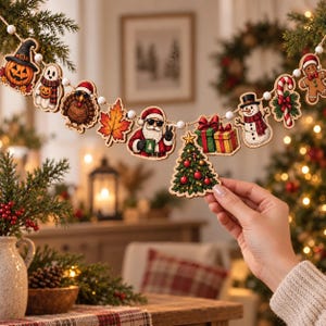 May include: A decorative garland featuring wooden cutouts of seasonal icons including a jack-o'-lantern, ghost, turkey, maple leaf, Santa Claus, Christmas tree, gift boxes, snowman, candy cane, and gingerbread man strung on a white beaded cord.