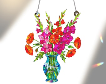 Personalized Gladiolus & Poppy August Birth Flower Acrylic Window Hanging Ornament, Mom Gift Rainbow Maker Decor, Custom Gift For Her, Mom