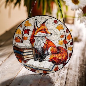 Fox Glass Suncatcher – Autumn Leaves & Book Stack Window Hanging, Cozy Library Woodland Animal Decor