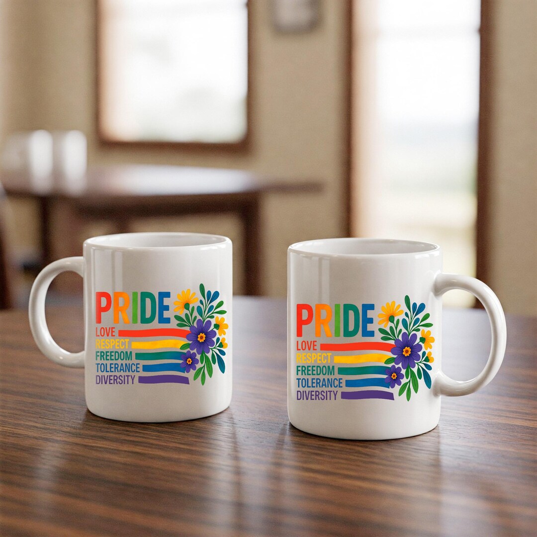 Pride Month Mug – LGBTQ+ Coffee Cup With Rainbow and Flowers – Love ...