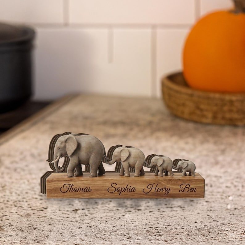 Personalized Elephant Family Wooden Sign: Custom Name Engraved Plaque ...