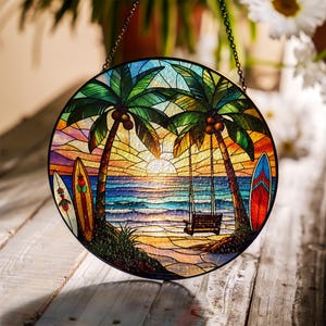 Beach Sunset Stained Glass Suncatcher, Tropical Palm Tree Ocean Scene Window Hanging, Handcrafted Coastal Home Decor, Unique Island Art Gift