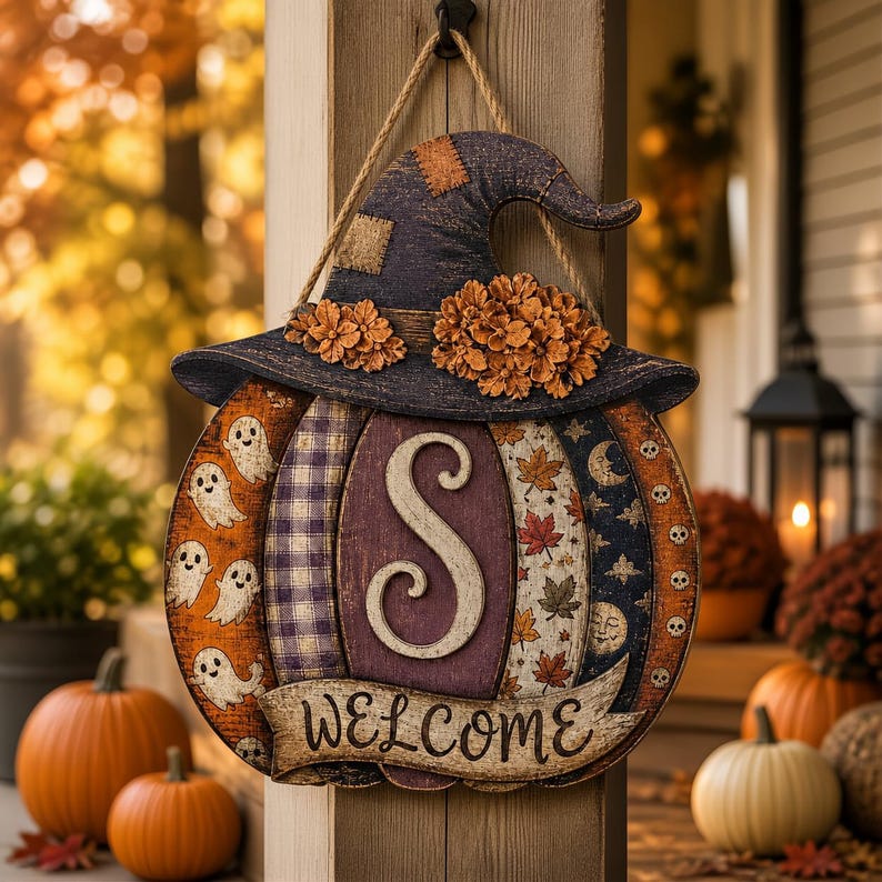 Puede incluir: Un adorno de pared con forma de calabaza que incluye un sombrero de bruja morado oscuro con flores naranjas. La calabaza tiene paneles verticales con patrones de fantasmas, cuadros, hojas y calaveras, una letra S central y el texto WELCOME.