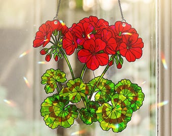 Vibrant Red Geranium Acrylic Window Hanging Ornament, Home Decor, Floral Garden Lover Gift, Unique Botanical Art, Gift For Mom, Her