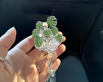 Skeleton & Monstera Plant Badge Reel | Coffee Lover Skull Retractable ID Holder | Funny Nurse Teacher Gift | Plant Parent Accessory
