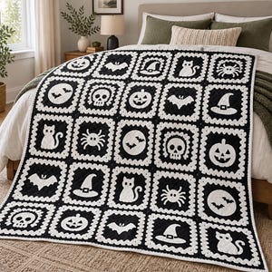 May include: A black and white crochet blanket featuring a grid of square motifs. Each square displays a distinct Halloween-themed design, including pumpkins, skulls, cats, bats, spiders, and witch hats, all rendered in white against a black background.