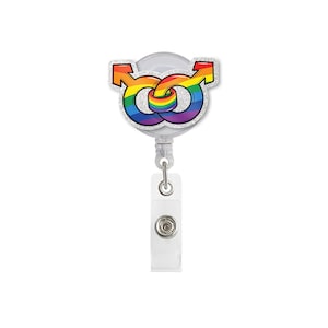 Gay Pride Male Symbol Badge Reel | Rainbow LGBTQ+ ID Holder | Retractable Clip for Pride Month | Cute Gay Nurse Gift | Glitter Reel