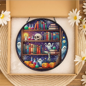 Halloween Bookshelf Faux Stained Glass Suncatcher – Ghost Potion Book Decor, Spooky Witchy Window Hanging, Gothic Fall Gift